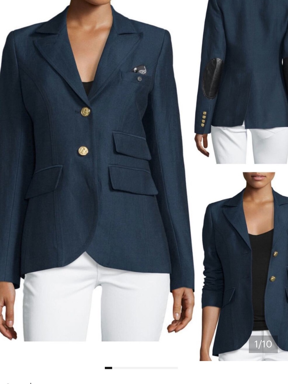 SMYTHE Dandy Linen Two Button Blazer Leather Elbow Patches Navy Size 6